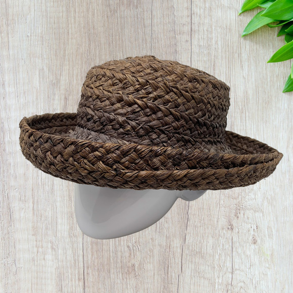 Helen Kaminski Hat Classic 5 Turn Up Brim Raffia Coffee Brown UPF 50+ No Ribbon